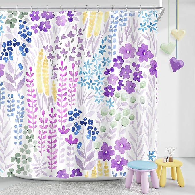 Extra Long Shower Curtain 72 x 96 Inch, Floor to Ceiling X-Long Tall Purple Floral Shower Curtain for Bathroom, Wildflower Boho Cottagecore Fabric Shower Curtain Set with Hooks, Lavender Purple