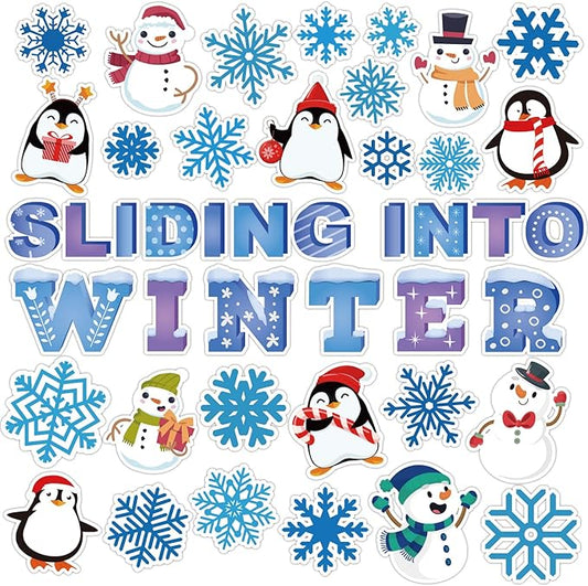 Winter Bulletin Board Decorations Winter Wonderland Paper Cutouts for Classroom Sliding into Winter Bulletin Board Set Snowflake Penguins Xmas Party Themed Cutouts for School Wall Door Decor