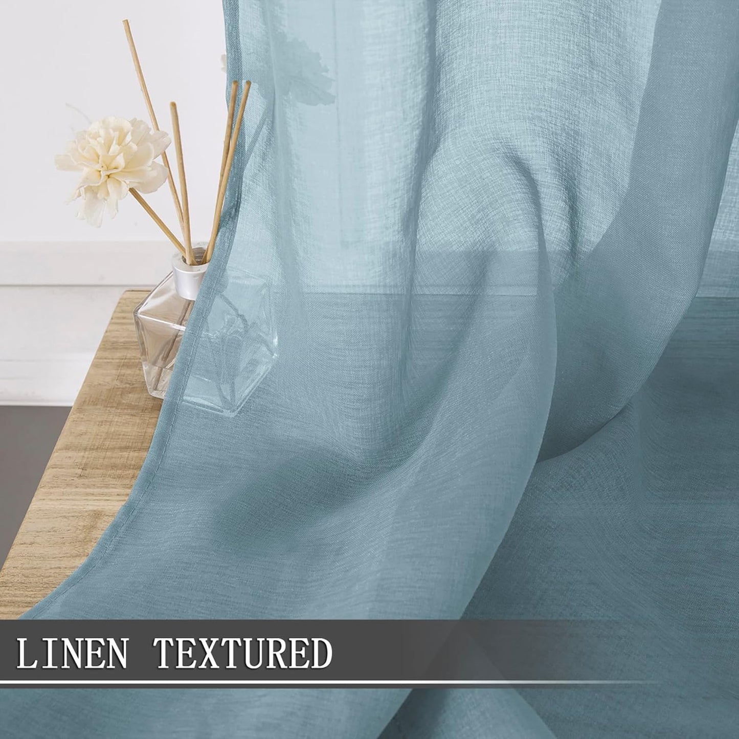 Tollpiz Sheer Curtains Living Room Linen Textured Curtain Sheers Light Filtering Voile Rod Pocket Curtains for Bedroom, 38 x 63 inches Long, Dusty Blue, Set of 2 Panels