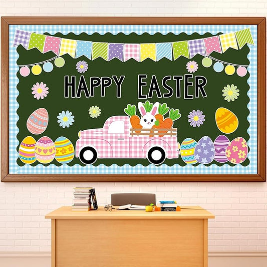 ZOiiWA 104 Pcs Easter Classroom Bulletin Board Decoration Happy Easter Bulletin Board Set Easter Truck Bulletin Board Set Easter Bunny and Eggs Cutouts for School Blackboard Nursery Home Wall Decor