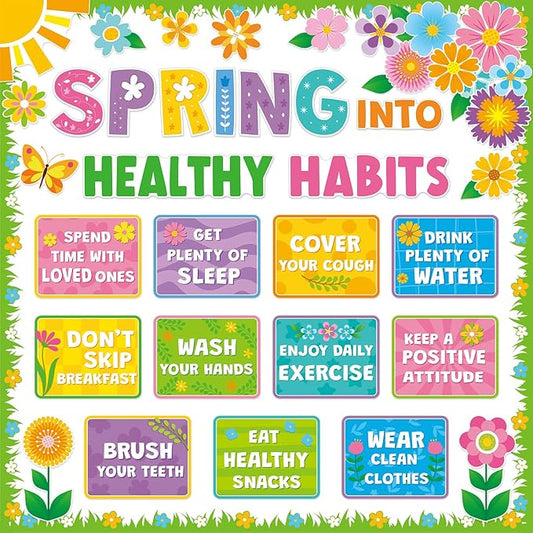 Ctosree 60 Pcs Spring Healthy Bulletin Board Decorations Set Habits Poster Colorful Flower Butterfly Plants Cutouts for Teacher Classroom School Office Chalkboard Wall Supply