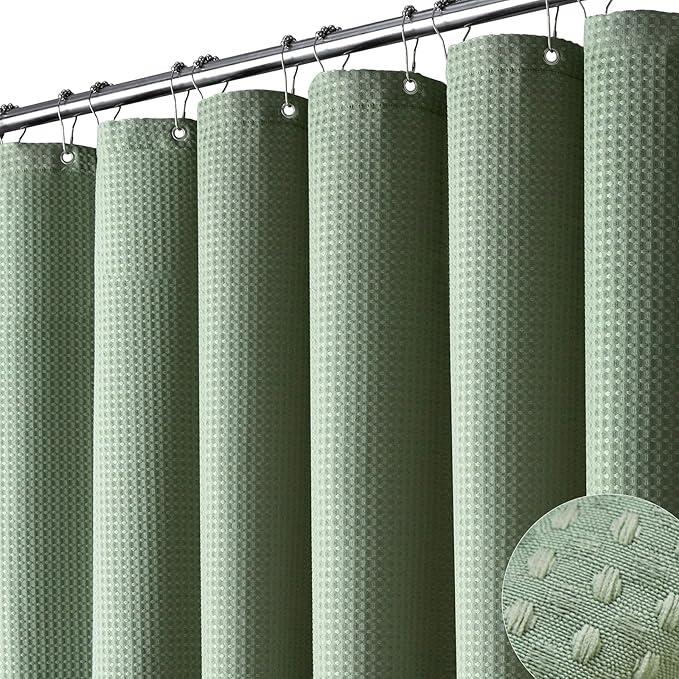 Dynamene Stall Fabric Shower Curtain - 60 x 84 inch Long Waffle Weave Weighted Thick Cloth Shower Curtain for Bathroom, Neutral Heavy Duty Hotel Spa Luxury Bath Curtain Set with 10 Hook, Sage Green