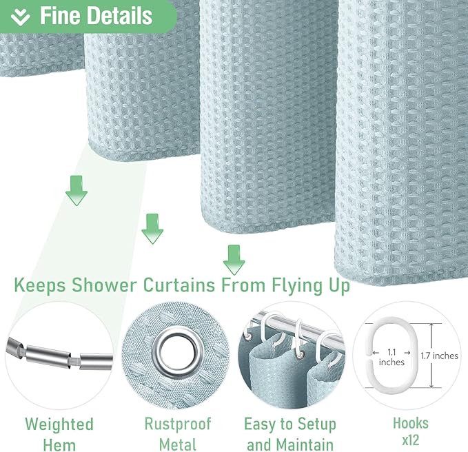 Dynamene Extra Long Shower Curtain - 84 Inch Long Fog Blue Waffle Weave Heavy Duty Fabric Bathroom Shower Curtain, Neutral Weighted Hotel Thick Bath Curtain Set with 12 Plastic Hooks,72x84, Fog Blue