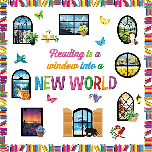 Honoson 56 Pcs Spring Reading Bulletin Board Set Back to School Classroom Decor Reading is a Window Bulletin Boards Book Border for Spring Motivational Library Classroom Chalkboard Wall Decor(Window)