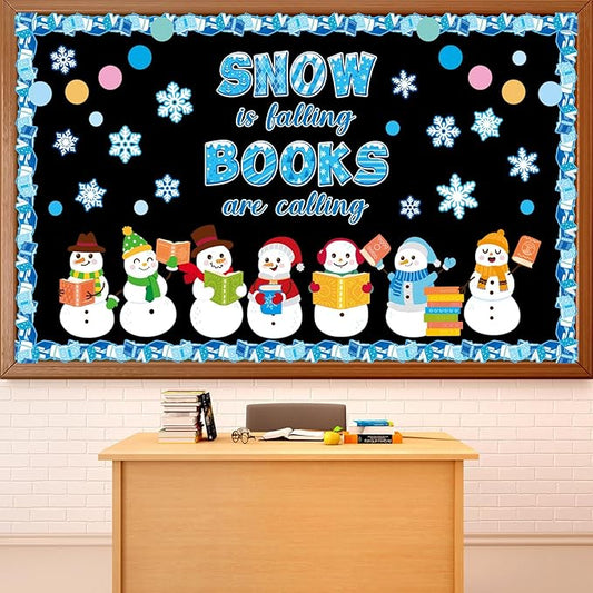 Winter Reading Bulletin Board Decoration Set Snowman Snowflake Classroom Decoration Snow is Falling Books are Calling Paper Cutouts Christmas Bulletin Board for School Home Wall Holiday Supplies