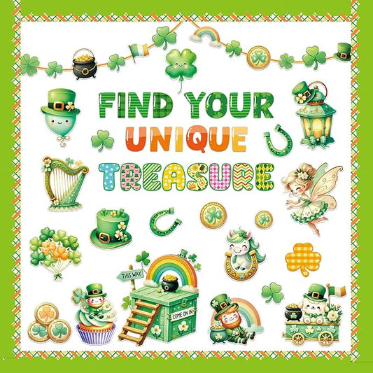 Fancy Land St. Patrick's Day Bulletin Board Set for Classroom Decorations Irish Shamrock Rainbow Gold Coin Pot Cutouts for Chalkboard Home Office Wall Door Decor 69Pcs