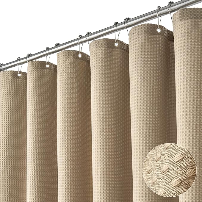 Dynamene Stall Fabric Shower Curtain - 36x72 Waffle Weave Weighted Cloth Shower Curtains for Bathroom, Neutral Heavy Duty Hotel Spa Luxury Bath Curtain Set with 6 Plastic Hooks,Beige/Khaki