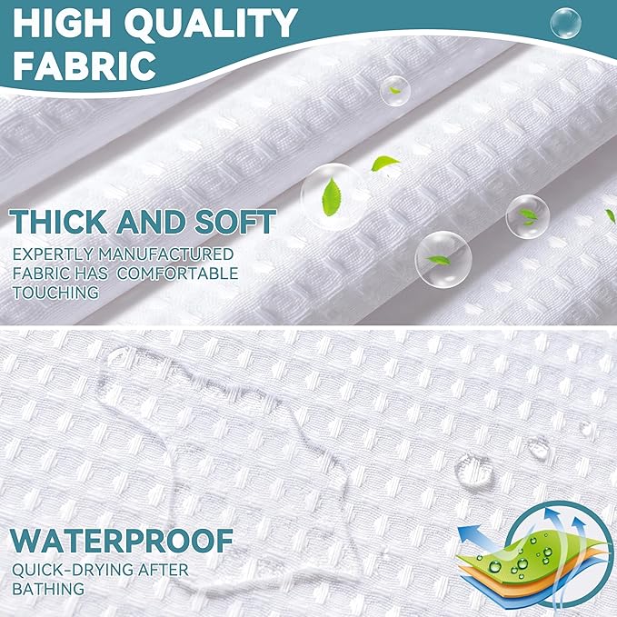 Extra Wide No Hook Waffle Weave Shower Curtain with Snap in Liner Set, 108" x 74" Hotel Luxury White Shower Curtains for Bathroom with See Through Top Window, Waterproof, Washable 108W x 74H