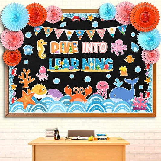 Eersida Spring Bulletin Board Decorations with Paper Fans St Patricks Day 3D Classroom Bulletin Board Christian Easter Flower Bunny Cutouts School VBS Library Church Window Wall Decor(Ocean)