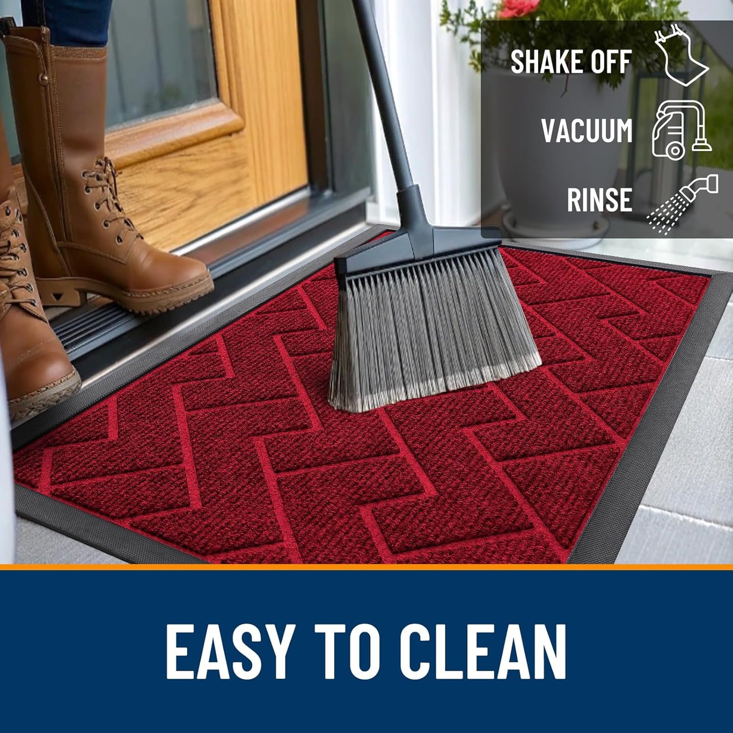 OLANLY Front Door Mat Indoor Outdoor Entrance, Waterproof All-Season, All-Weather Doormat, Sturdy Natural Rubber, Low Profile, Easy Clean Patio Porch Entryway Mat, Herringbone Brick (Wine Red, 47x23)