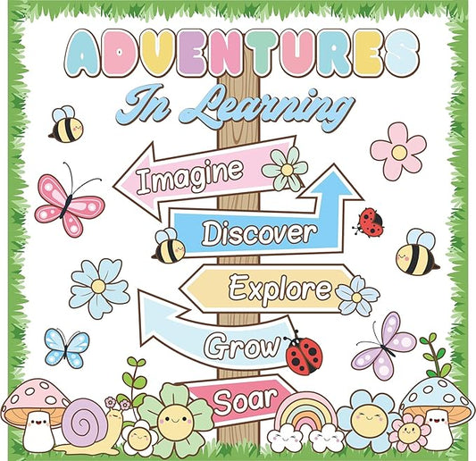 Spring Bulletin Board Adventures in Learning Classroom Decoration Spring Flower Signpost Paper Cutouts Spring Bulletin Board Set for Teacher Classroom School Office Chalkboard Wall Supply