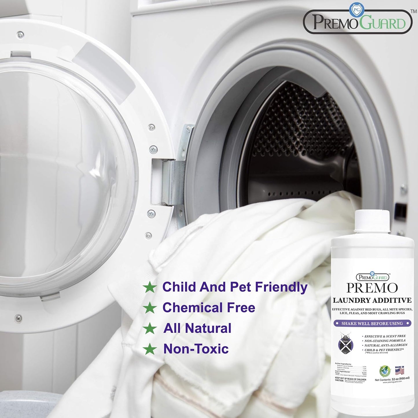 Bed Bug & Mite Laundry Detergent Additive by Premo Guard – 32 oz – Child & Pet Friendly – Stain & Odor Free – Best Natural Non-Toxin Treatment