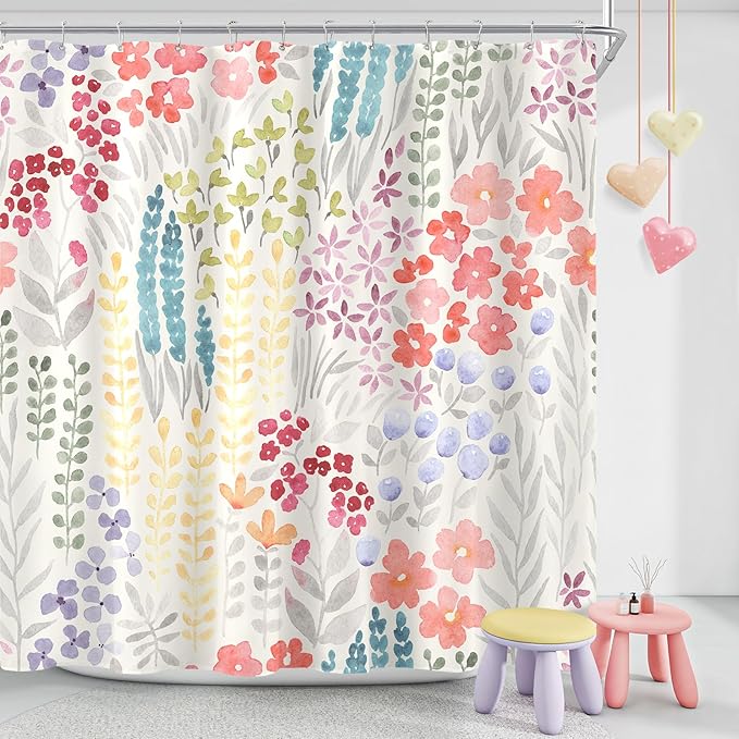 Colorful Floral Shower Curtain 60x72, Cute Boho Flower Fabric Shower Curtains, Funky Watercolor Wildflower Shower Curtain Set, Cottagecore Bohemian Bathroom Decor, Ivory