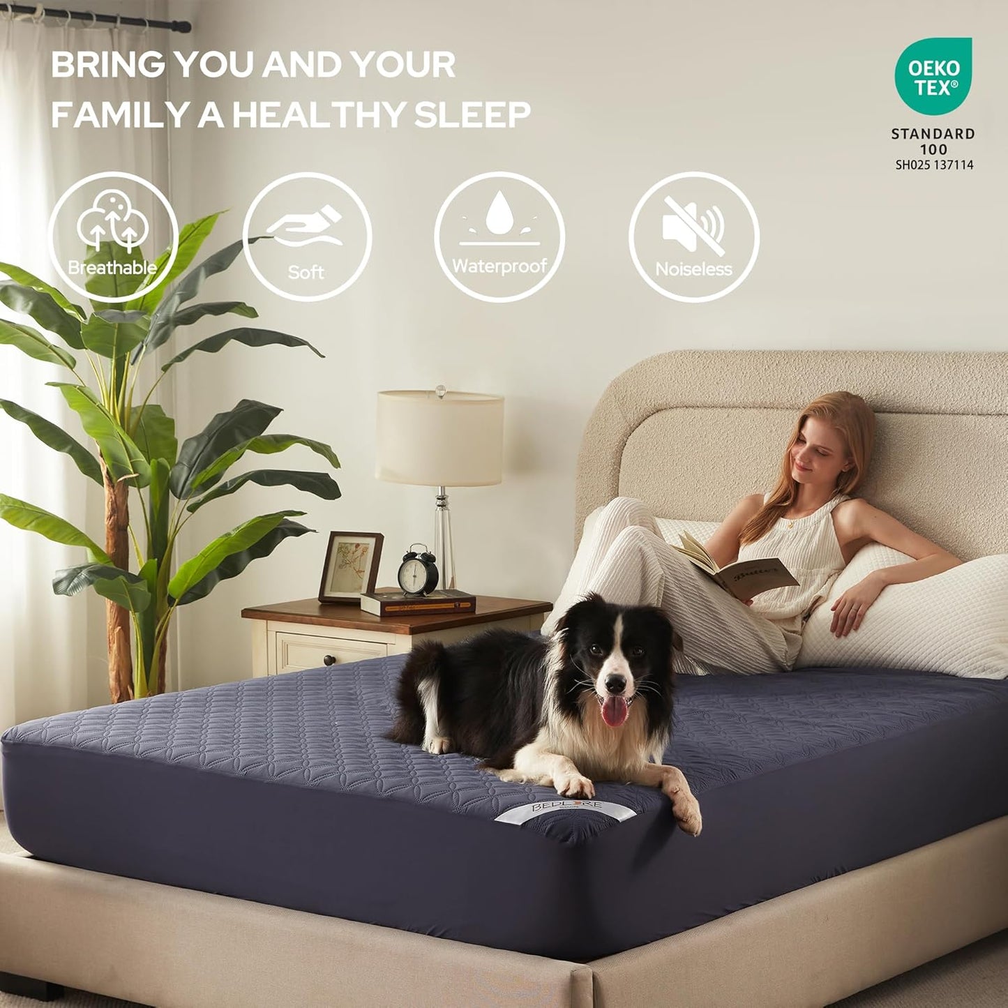BEDLORE Waterproof Mattress Protector, King Size Noiseless Mattress Pad with Deep Pocket 6"-18" Depth, Soft Breathable Bed Mattress Cover Washable for Home, Bedroom, Hotel (Navy Blue)
