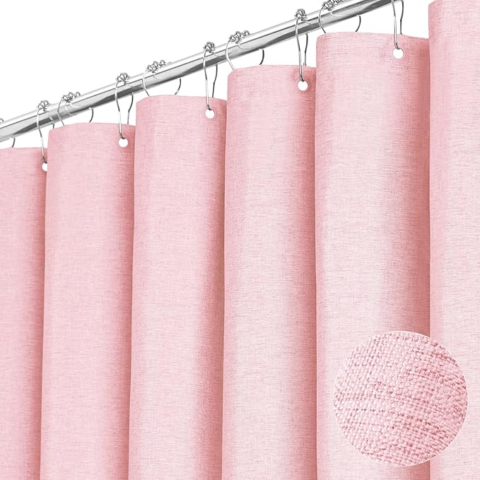 BTTN Extra Long Shower Curtain, 96 Inch Linen Textured Heavy Duty Fabric Shower Curtain Set with 12 Plastic Hooks, Large Luxury Decorative Polyester Cloth Shower Curtains for Bathroom, 72"x96", Pink