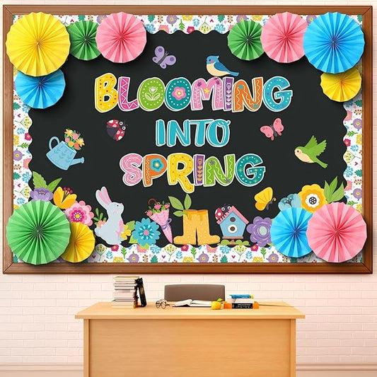 Eersida Spring Bulletin Board Decorations with Paper Fans St Patricks Day 3D Classroom Bulletin Board Christian Easter Flower Bunny Cutouts School VBS Library Church Window Wall Decor(Spring)
