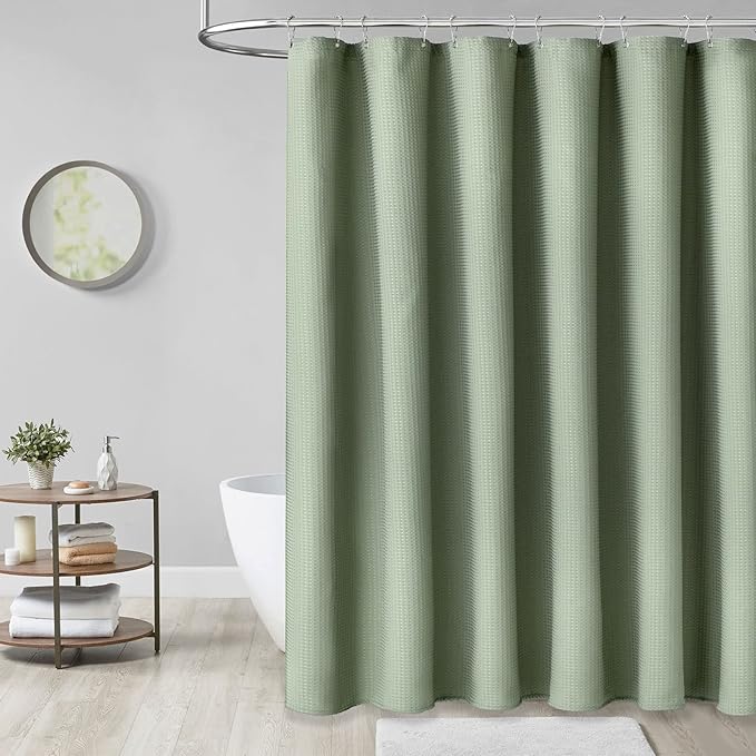 Dynamene Stall Fabric Shower Curtain - 54 inch Wide Waffle Weave Weighted Thick Cloth Shower Curtains for Bathroom, Heavy Duty Hotel Spa Luxury Bath Curtain Set with 10 Hooks, 54x72, Sage Green