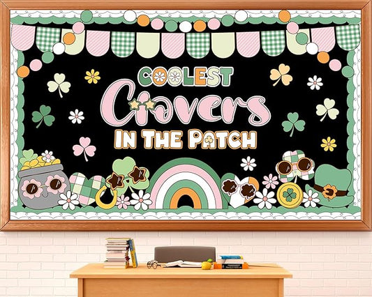 St. Patrick's Day Bulletin Board Decoration Boho Hippie Groovy Classroom Bulletin Board Set Lucky Shamrock Clover Rainbow Daisy Flower Paper Cutouts for Irish Holiday School Chalkboard Wall Door Decor