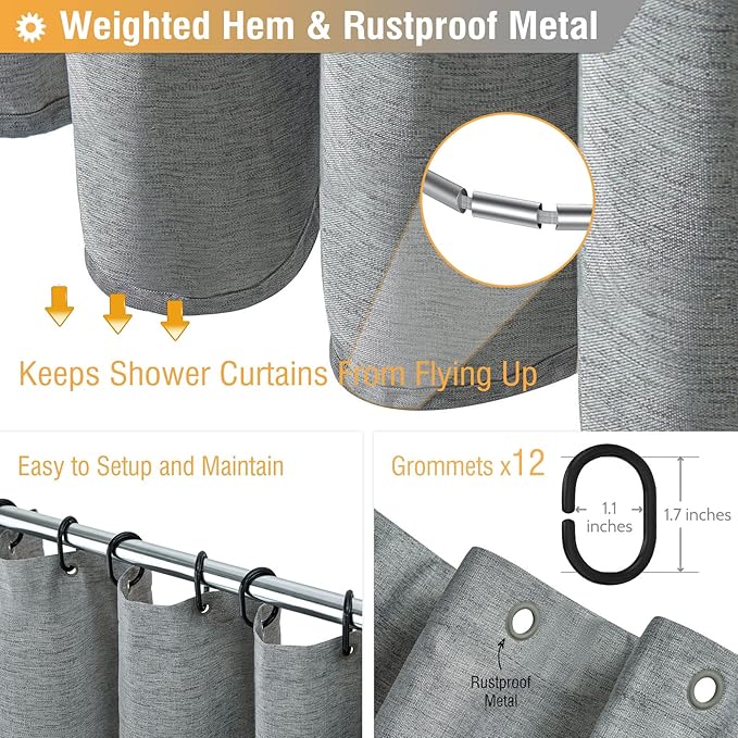 BTTN Extra Long Grey Fabric Shower Curtain, W72xH84 Linen Textured Heavy Duty Cloth Shower Curtain Set with Hooks, Waterproof Neutral Weighted Luxury Decorative Shower Curtains for Bathroom(Gray)