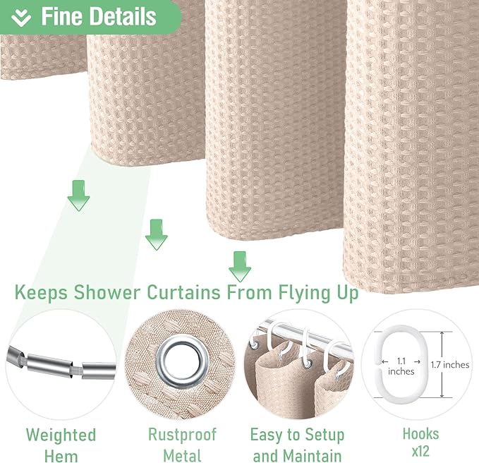 Dynamene Blush Pink Fabric Shower Curtain - Waffle Weave Textured Heavy Duty Cloth Shower Curtains for Bathroom, 256GSM Hotel Luxury Weighted Bath Curtain Set with 12 Hooks,72x72, Blush Pink