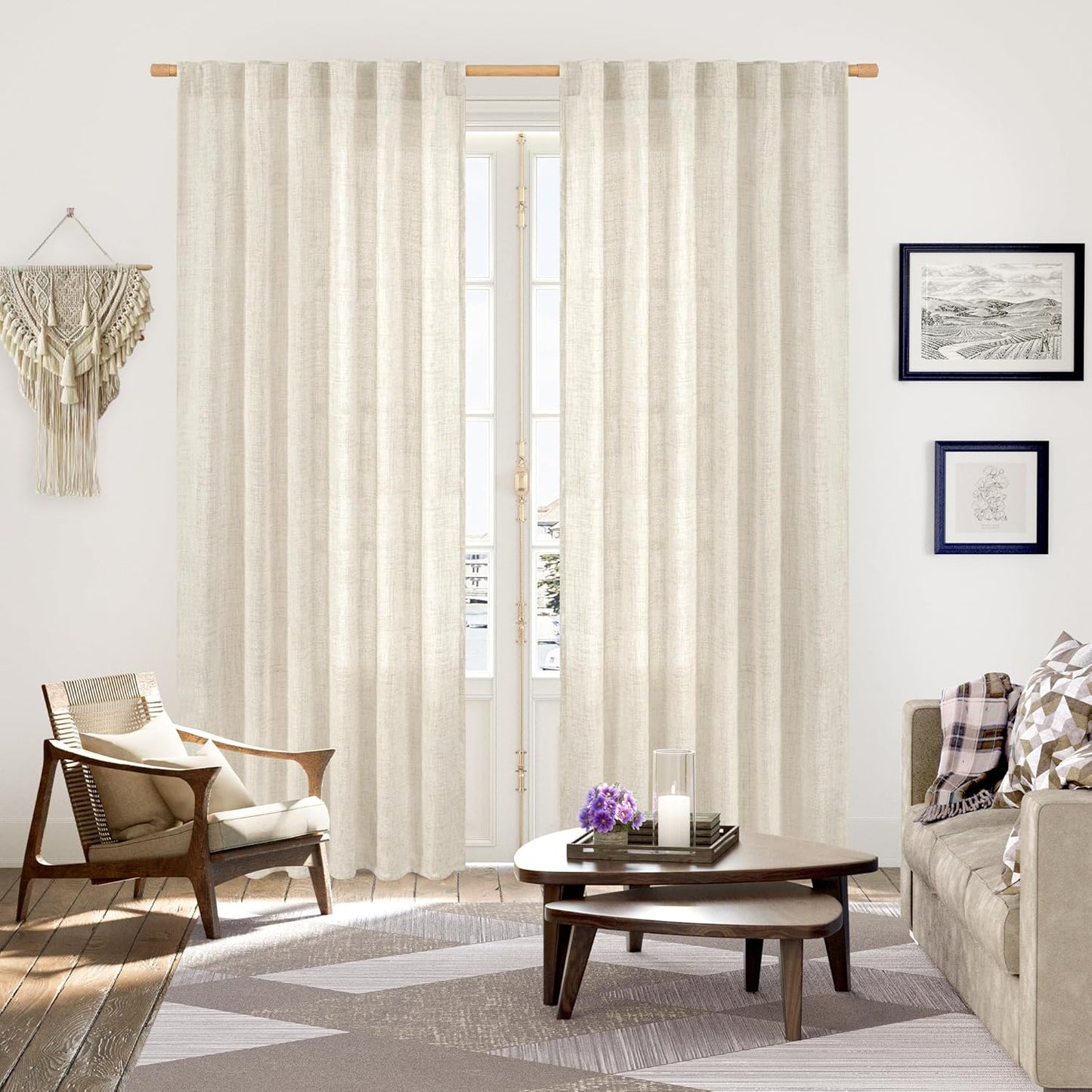 YoungsTex Linen Curtains 80 Inch Length for Living Room, Light Filtering Semi Sheer Drapes with Back Tab Rod Pocket for Bedroom Farmhouse Cream Textured Window Treatments, 2 Panels, 52 X 80 Inch