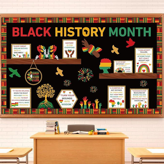 Black History Month Bookshelf Bulletin Board Decorations Set Black Inspirational Cutouts with Bulletin Border African American Motivational Classroom Decorations for Chalkboard Wall Door Home Office