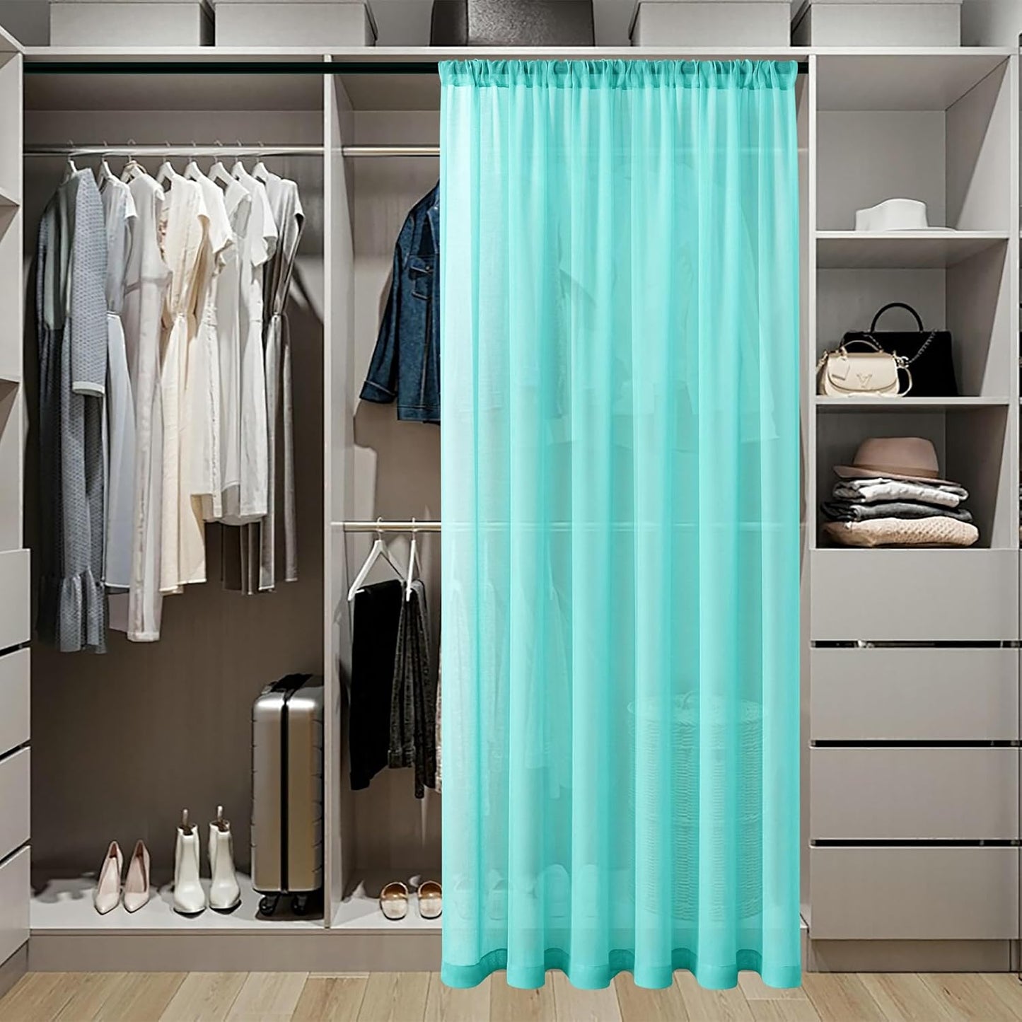 Tollpiz Sheer Door Curtains Closet Linen Textured Curtain Sheers Doorway Light Filtering Voile French Door Rod Pocket Curtains Patio Door, 54 x 63 inches Long, Aqua Blue, Set of 1 Panel