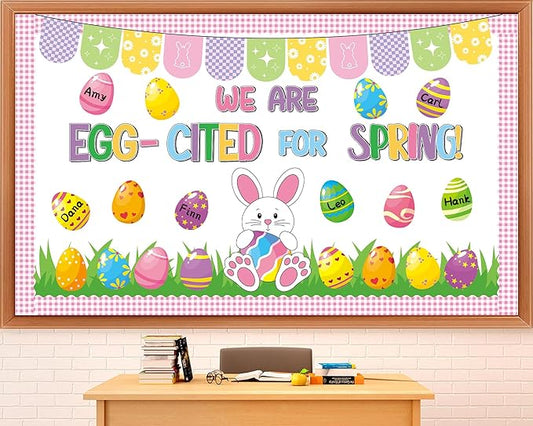 Easter Bulletin Board Decoration Set Spring Bunny Writable Easter Egg Paper Cutouts We are Egg Cited for Spring Classroom Decoration for Party School Classroom Home Nursery Chalkboard Wall Decor