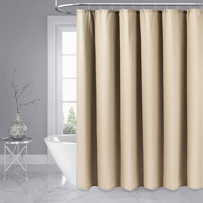 Dynamene Stall Fabric Shower Curtain - 54x78 inch Long Waffle Weave Weighted Thick Cloth Shower Curtains for Bathroom,Neutral Heavy Duty Hotel Spa Luxury Bath Curtain Set with 10 Hooks, Beige/Khaki