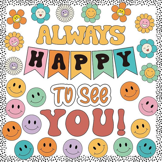 63 Pcs Groovy Bulletin Board Decorations Set Retro Smiley Face Classroom Decor with Black Dots Border Trims for Back to School Classroom Wall Door Decor