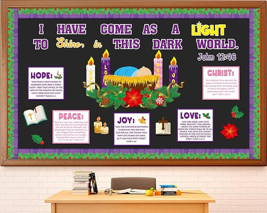 Christian Nativity Religious Christmas Bulletin Board Decorations Set Xmas Advent Wreath Candle Light of My Life Cutouts for Classroom School Home Chalkboard Wall Winter Holiday Party Decor Supplies