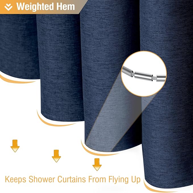 BTTN Navy Blue Shower Curtain - Linen Textured Heavy Duty Waterproof Cloth Shower Curtain Set with 12 Plastic Hooks, Hotel Spa Luxury Simple Decorative Thick Fabric Shower Curtain for Bathroom, 72x72