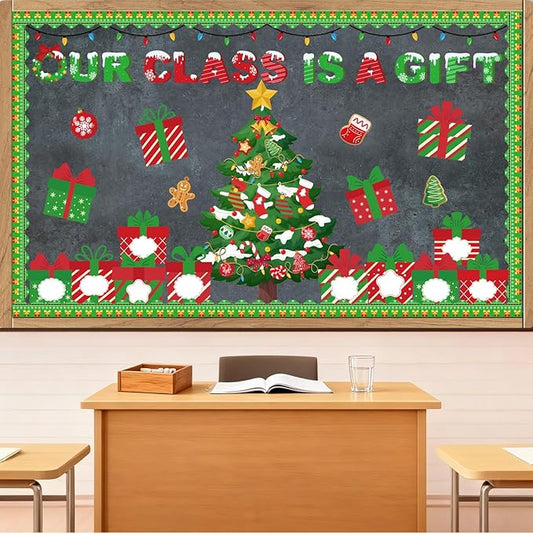 Christmas Bulletin Board Decorations - Christmas Tree Classroom Decorations Set Xmas Gift Box Paper Cutouts Bulletin Board Decor School Chalkboard Office Wall Decor Supplies