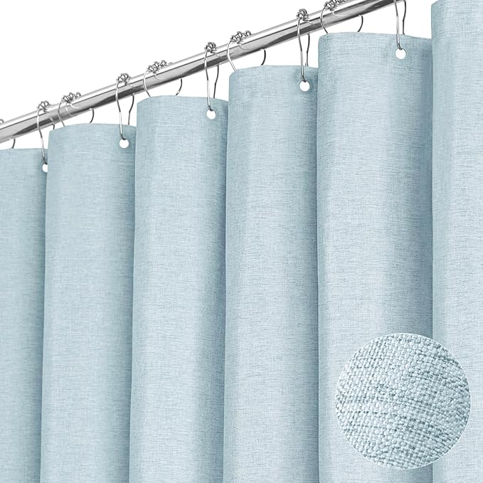 BTTN Extra Long Shower Curtain, 72x84 Inches Long Linen Textured Heavy Duty Fabric Shower Curtain Set with 12 Plastic Hooks, Tall Luxury Simple Waterproof Cloth Shower Curtains for Bathroom - Fog Blue
