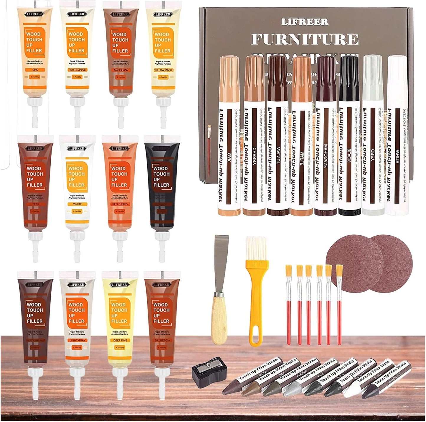Lifreer Wood Furniture Repair Kit - 40 Pcs Wood Filler, Touch Up Markers with Wax Sticks - for Wood Floors, Stains, Scratches,Tables, Door, Carpenters, Bedposts