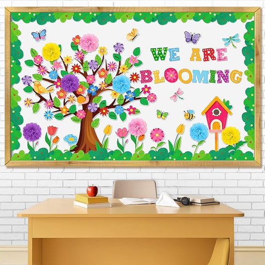 Aneco Spring Bulletin Board Decorations with 3D Paper Flowers Classroom Tree Border Trim We are Blooming Classroom Decoration Cutouts for School Home Wall Decor Supplies