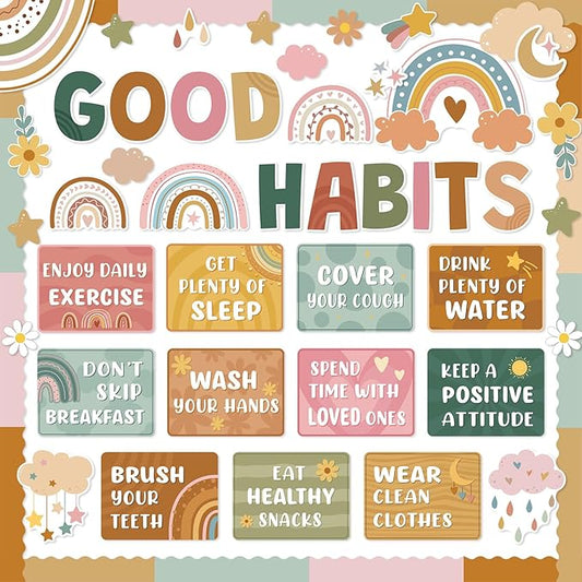 Ctosree 60 Pcs Boho Healthy Bulletin Board Decorations Set Healthy Habits Poster Rainbow Flower Good Habits Cutouts for Teacher Classroom School Office Chalkboard Wall Supply