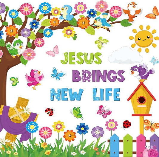 Pajean 112 Pcs Religious Bulletin Board Decorations Classroom Christian Flower Tree Bulletin Board Set Jesus Brings New Life Cutout Bible Vbs Craft for Summer Classroom Sunday School Church Supplies