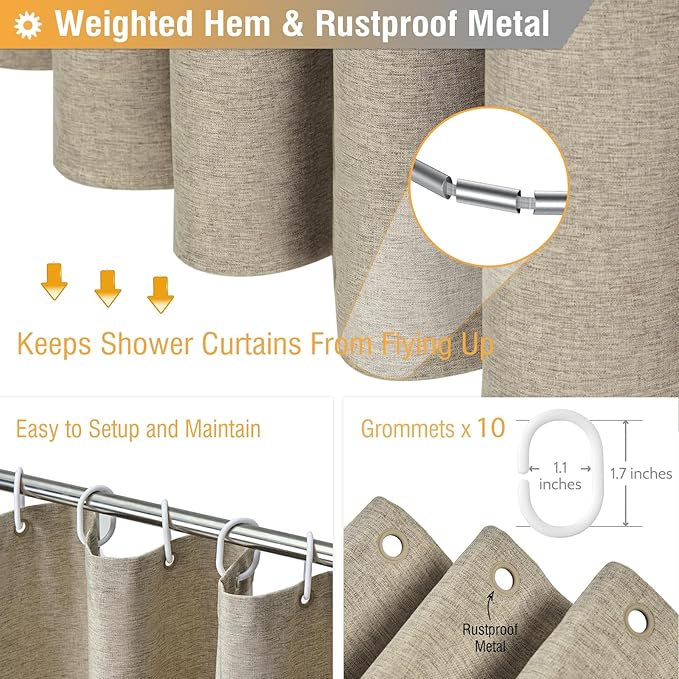 BTTN Stall Fabric Shower Curtain - 60x72 Inch Linen Textured Heavy Duty Cloth Bath Curtain Set with 10 Plastic Hooks, Narrow Waterproof Neutral Curtains for Bathroom Showers and Bathtubs - Khaki/Tan