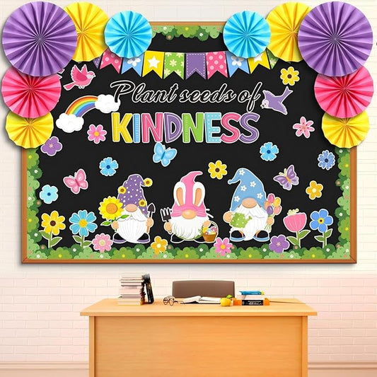 Eersida Spring Bulletin Board Decorations with Paper Fans St Patricks Day 3D Classroom Bulletin Board Christian Easter Flower Bunny Cutouts School VBS Library Church Window Wall Decor(Gnome)