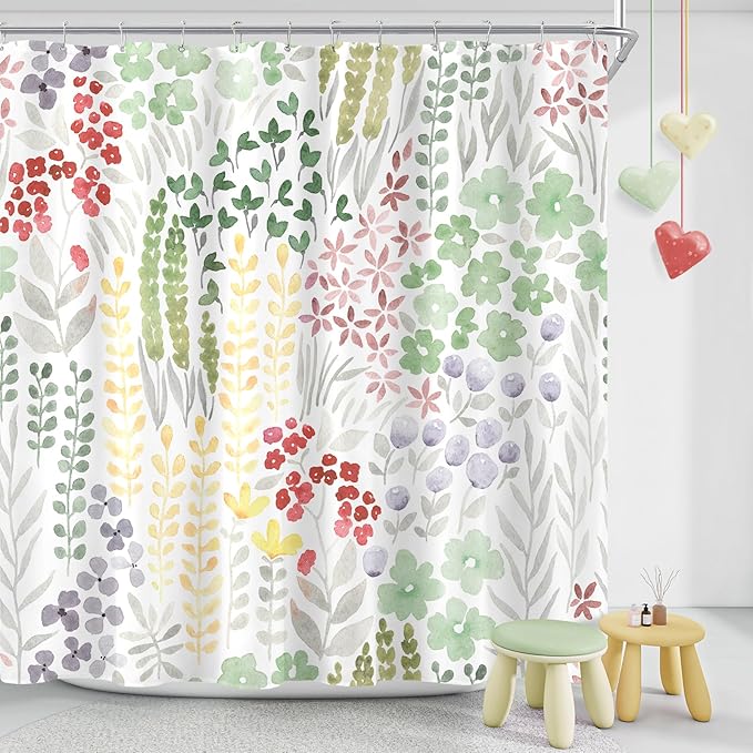 Cute Floral Shower Curtain 60x72, Sage Green Boho Flower Fabric Shower Curtain, Funky Watercolor Wildflower Shower Curtain Set, Cottagecore Bohemian Bathroom Decor
