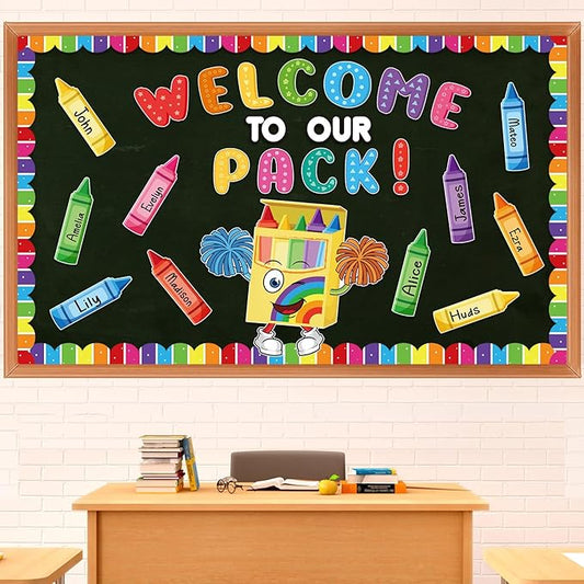 Pasimy Crayon Bulletin Board Decorations Set Welcome to Our Pack Classroom Decor Colorful Crayon Name Tags Cutouts Art Bulletin Board Border for Back to School Summer Office Home Wall Door Supplies