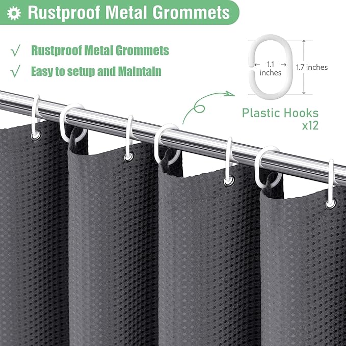 Dynamene Long Fabric Shower Curtain - 78 inch Long Waffle Weave Weighted Cloth Shower Curtains for Bathroom, Heavy Duty Hotel Spa Luxury Bath Curtain Set with 12 Plastic Hooks,72x78, Charcoal Grey