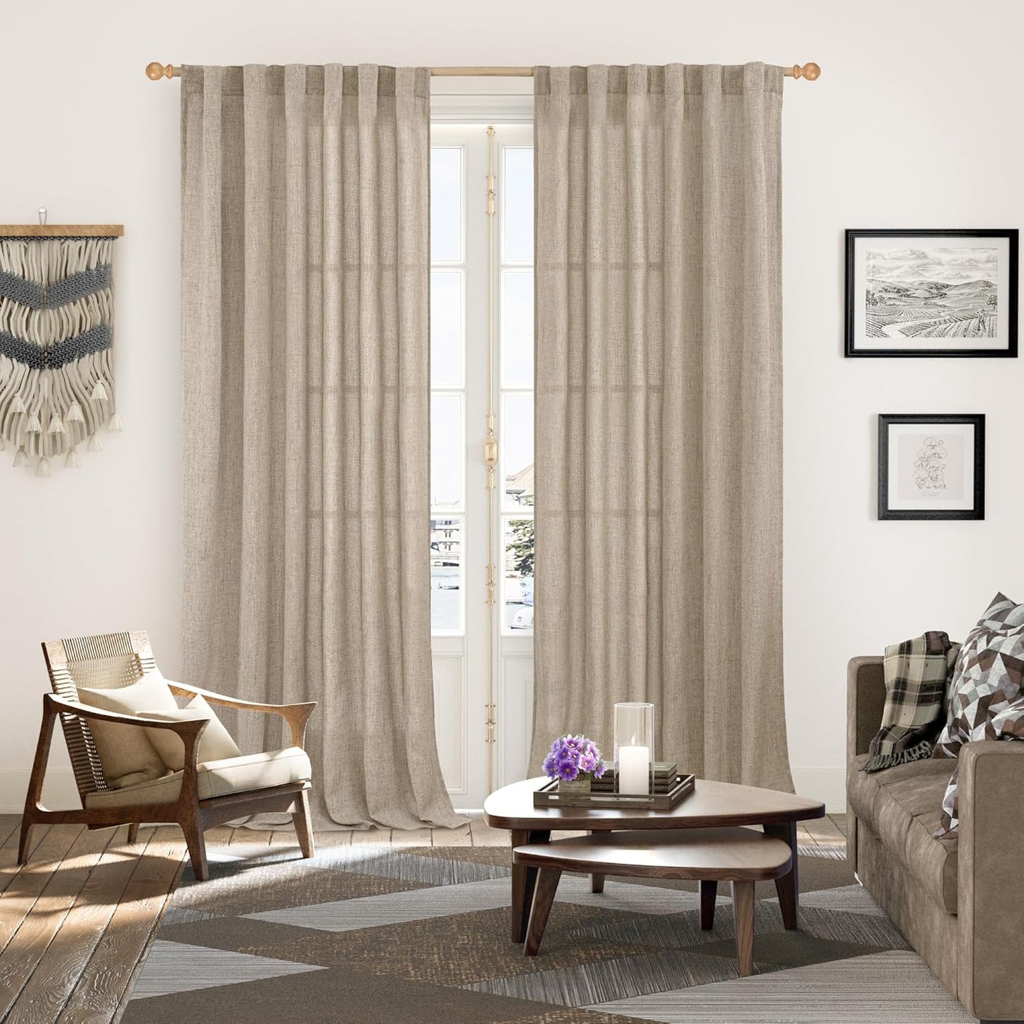 YoungsTex 90 Inch Length Linen Semi Sheer Curtains for Living Room, Dark Oatmeal Light Filtering Drapes with Rod Pocket Back Tab Textured Burlap for Bedroom, 52 X 90 Inch, 2 Panels