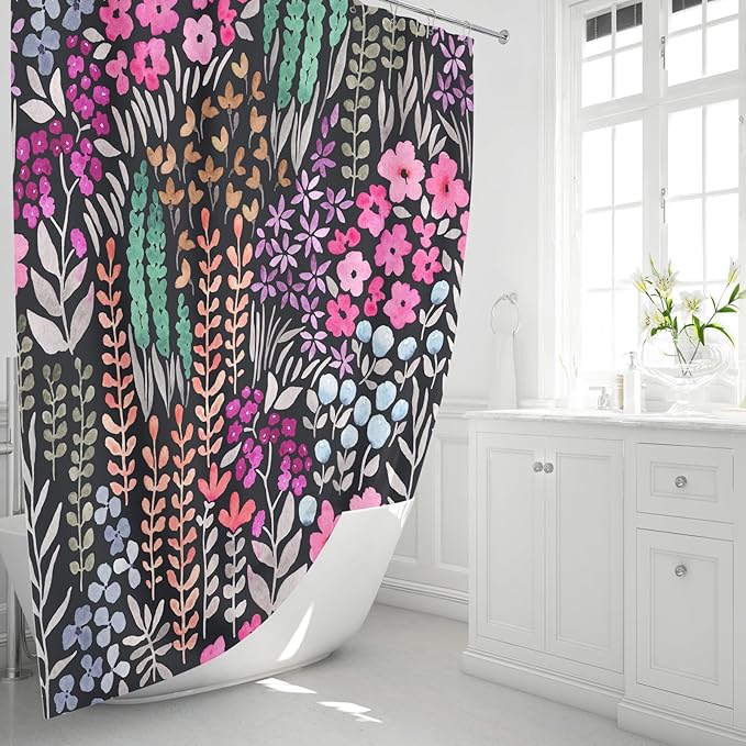 Black Pink Floral Shower Curtain, Hot Pink Boho Flower Fabric Shower Curtain, Cute Funky Watercolor Wildflower Shower Curtain Set, Cottagecore Bohemian Bathroom Decor, 72x72