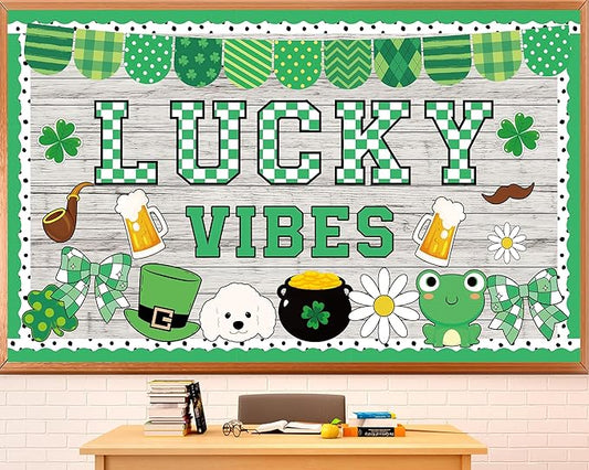 St.Patrick's Day Bulletin Board Decoration Set Green Shamrock Paper Cut Outs Lucky Vibes Bulletin Board Set for St.Patrick’s Party Supplies Home Office School Classroom Chalkboard Wall Decor