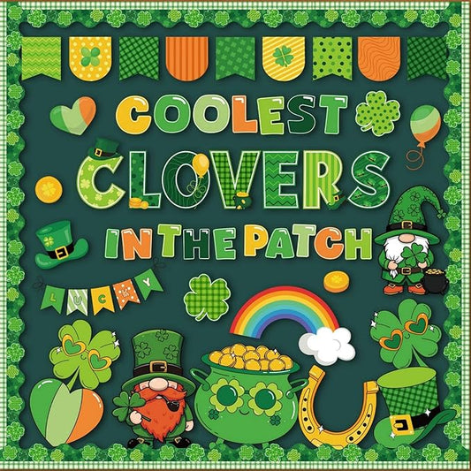 St. Patricks Bulletin Board Decorations - Irish Classroom Decorations, Shamrock Gold Coin Gnome Green Lucky Clover Paper Cutouts Set for School Chalkboard Office Wall Decor