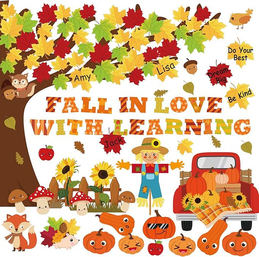 120Pcs Fall Bulletin Board Decorations - Fall in Love with Learning Thanksgiving Autumn Scarecrow Pumpkin Cutouts for Classroom School Office Home Wall