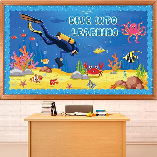 party greeting Ocean Animal Bulletin Board Set Under The Sea Classroom Decoration Summer Dive into Learning Sea Animals Fish Paper Cutouts for Tropical School Chalkboard Wall Decor Supplies