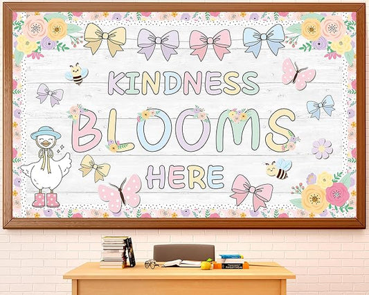 Spring Bulletin Board Decoration Set Kindness Blooms Here Classroom Decoration Spring Pastel Bows Flowers Butterfly Cutouts for School Classroom Home Office Chalkboard Door Wall Party Decor Supplies